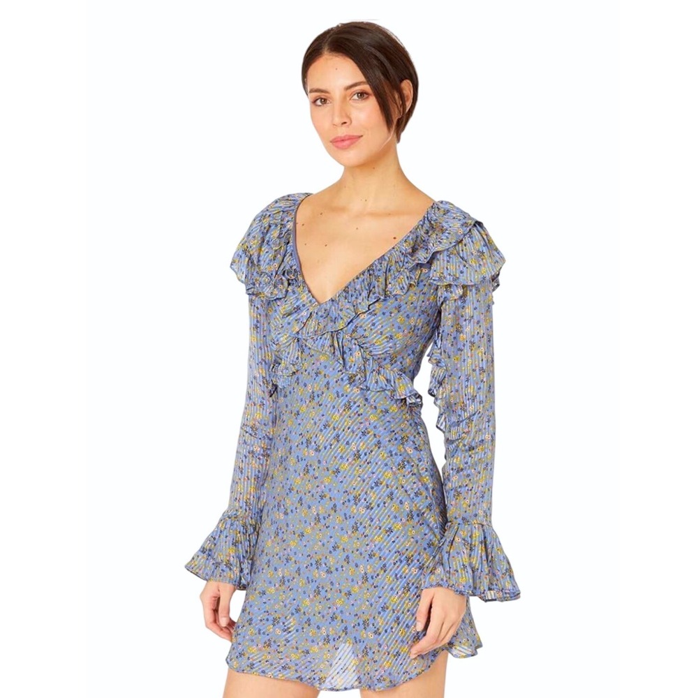 Free People Sweetest Thing Mini Dress Midnight Cowboy Blue Floral Ruffle Size 12 - Picture 12 of 15